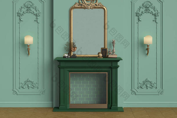 经典的内部装饰壁炉。镀金的镜子，有模子的墙壁。地板贴片鲱鱼。数字图像。 3D渲染