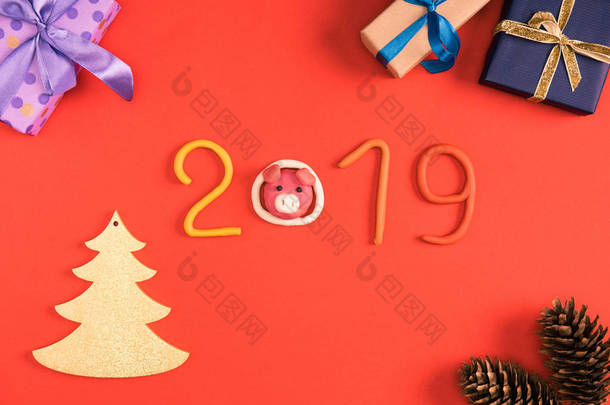 2019年的标志, 松树锥和圣诞礼物红色的最高视图