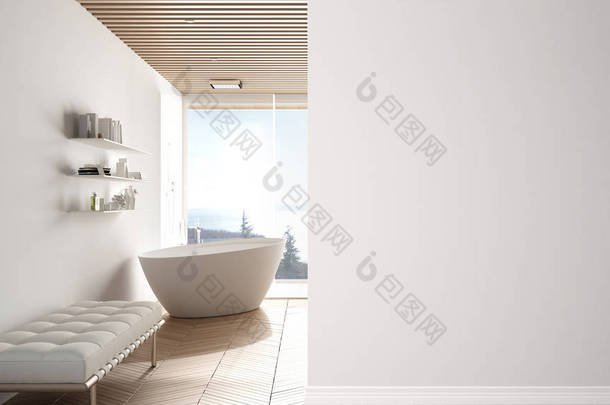 最薄的浴室，前景墙上有大全景窗户，室内设计建筑理念，概念与复制空间，空白背景