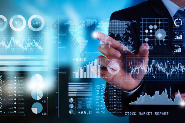 投资者分析股票市场报告和财务仪表板与商业智能 (Bi), 与关键绩效指标 (Kpi). 生意人手在大屏幕<strong>计算</strong>机上处理财务计划.