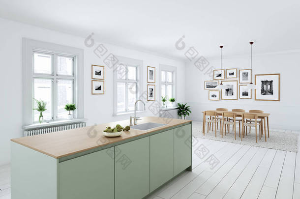 阁楼公寓里的现代北欧厨房。3D渲染