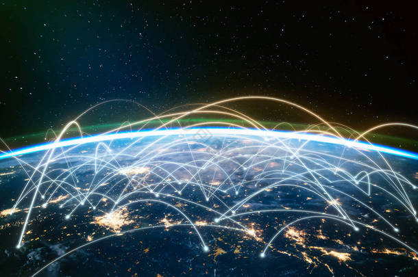 网络连接在地球上, 从太空观看。<strong>智能</strong>无线通信技术的概念。美国宇航局提供的这张图片的一些元素