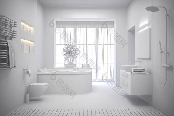 现代卫浴的白色内饰3d 渲染