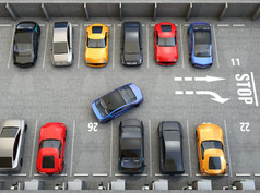 停车场的鸟瞰图。一半的停车场可用于电动汽车充电服务