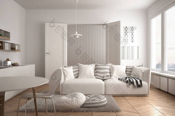 斯堪的纳维亚现代客厅与厨房, 餐桌, 沙发和毯子枕头, 简约白色建筑室内设计