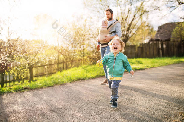 一个父亲与他的蹒跚学步的孩子在外面的春天散步.