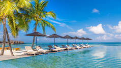 美丽的池边和蓝天。奢华的热带海滩景观、甲板椅和躺椅，以及棕榈树和雨伞下的倒水。无边游泳池与海景。热带海滩景观