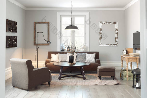 斯堪的纳维亚现代风格的客厅区内部与简单的口音。3d 渲染