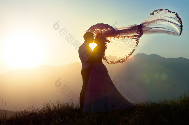 新郎和新娘在反对下降山中相吻.