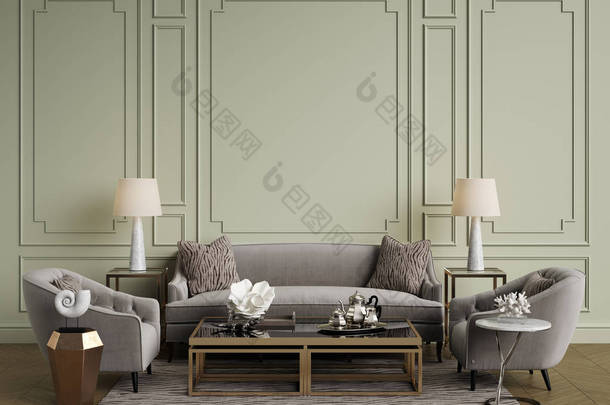 经典的<strong>内饰</strong>。沙发, 椅子, sidetables 与灯具, 桌子与装饰。白色墙壁与装饰。地板实木复合木字形, 地毯与图案。样机, 复制空间。数字 ilustration 3 d 渲染 