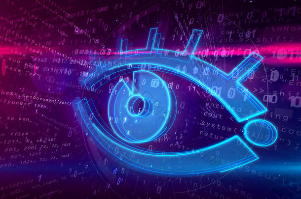 网络间谍和监控在互联网上。在数字背景3d 插图上使用眼符号在网络空间监视和跟踪隐私.