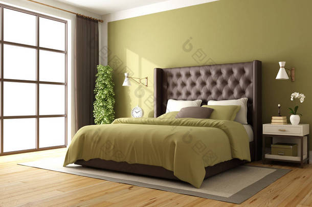 经典的棕色和绿色卧室