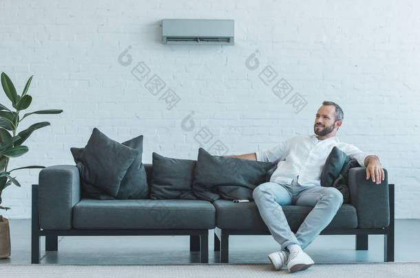 男子坐在灰色沙发上, 遥控器, 墙上的空调
