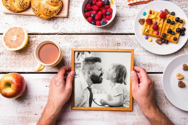 Fathers <strong>day</strong> composition. Black-and-white photo, breakfast meal