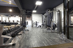 现代化的健身房室内与各种设备