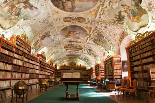 图书馆、 古籍、 地球仪在 stragov 修道院捷克侵权责任