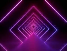 3D渲染，紫外线霓虹灯正方形入口，发光线，隧道，走廊，虚拟现实，抽象时尚背景，紫虹灯，拱门，粉色紫色充满活力的颜色，激光表演