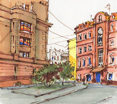 城市素描市中心的街道。画标记。手绘插图. 
