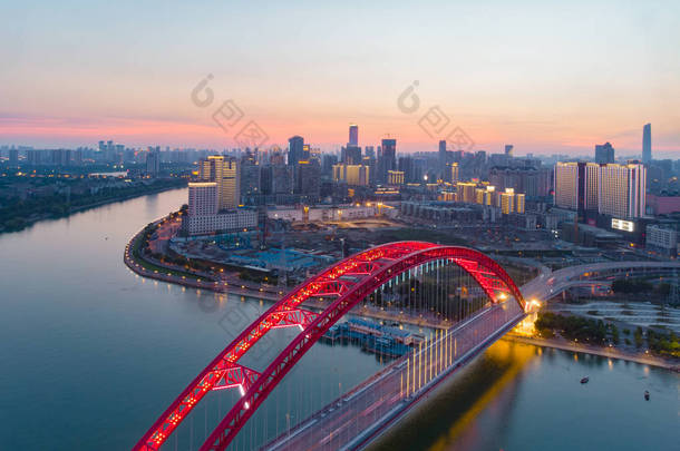武汉市日落与夜间航空摄影风景
