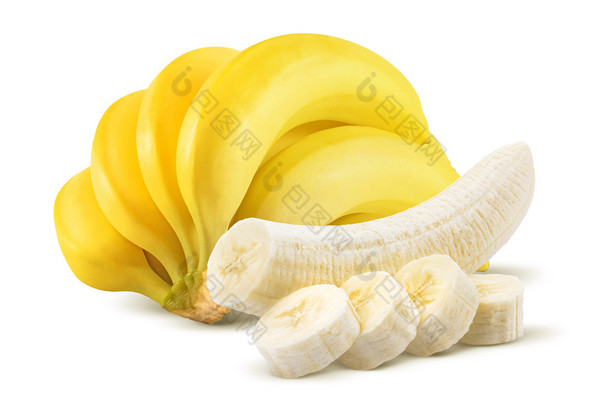 <strong>香蕉</strong>束和去皮的块上白色孤立 