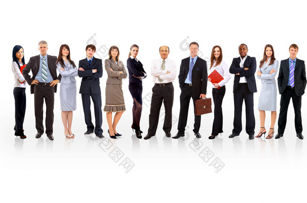 业务团队形成的年轻商人站在白色背景