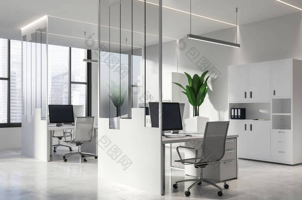 室内的现代办公室与白色和<strong>玻璃</strong>墙, 混凝土地板, 大窗户, 白色电脑桌与<strong>金属</strong>椅子和书柜与文件夹。3d 渲染