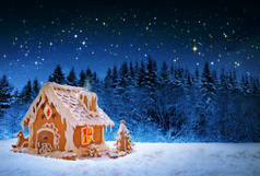 圣诞姜饼屋和满天星斗的天空.