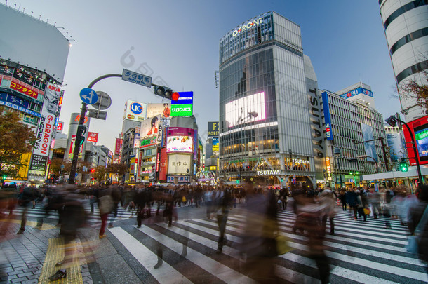 日本东京-2013 年 11 月 28 日: 人群涩谷区著名十字路口