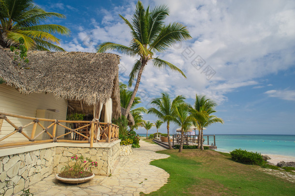 在热带天堂的棕榈和热带海滩。在多米尼加共和国、 塞舌尔、 加勒比地区、 菲律宾、 巴哈马的夏季假期。在远程的天堂海滩上放松。在大西洋上的豪华度假村.