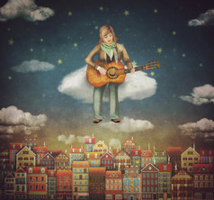 可爱的房子和在吉他起着一个男人的插图