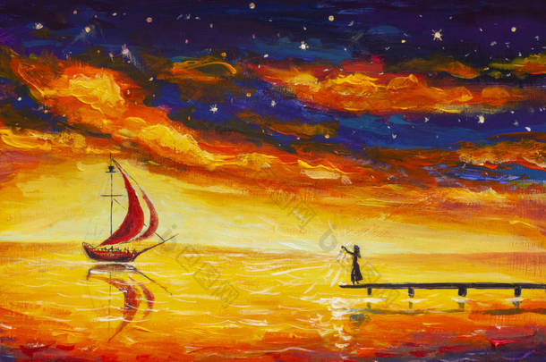 梦幻般的插图美术。女孩与灯笼火在桥梁等待遇见帆船以红色帆。黄海水书画。红蓝云星空画.