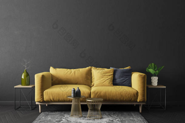 现代起居室, 带黄色沙发在黑屋子里。斯堪的纳维亚室内设计家具。3d 渲染插图
