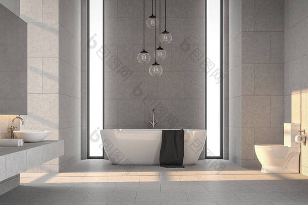 现代阁楼浴室，混凝土瓷砖3d<strong>渲染</strong>，装饰有白色浴缸，装饰有玻璃挂灯，阳光照射到房间.