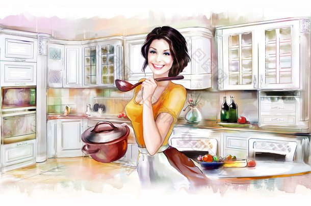 美丽的女人在厨房做饭