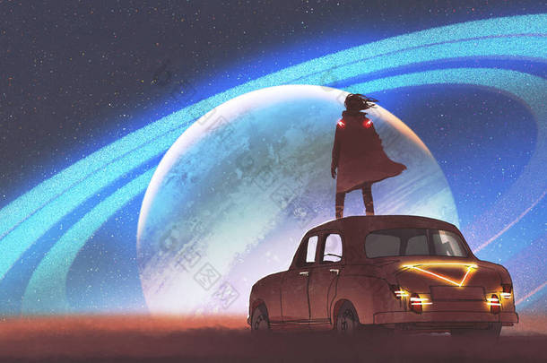 站在一辆<strong>老式</strong>汽车上的人的夜景, 在地平线上看着环的行星, 数字艺术风格, 插图绘画