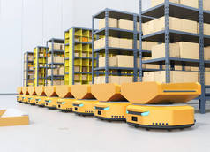 现代仓库中的自主移动机器人系列。 3D渲染图像.