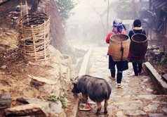 苗族妇女在从他们的村庄的路上