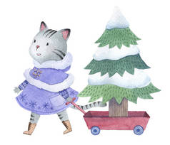 手绘水彩猫拉拖车与圣诞树, 度假用途设计