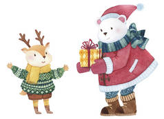 手工绘制的水彩北极熊赠送礼品盒给它的朋友, 设计为圣诞节用途