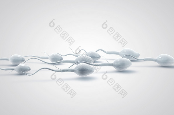 冷冻的精子。精子游泳到胚珠在白色背景上的三维图。简约。精子银行.