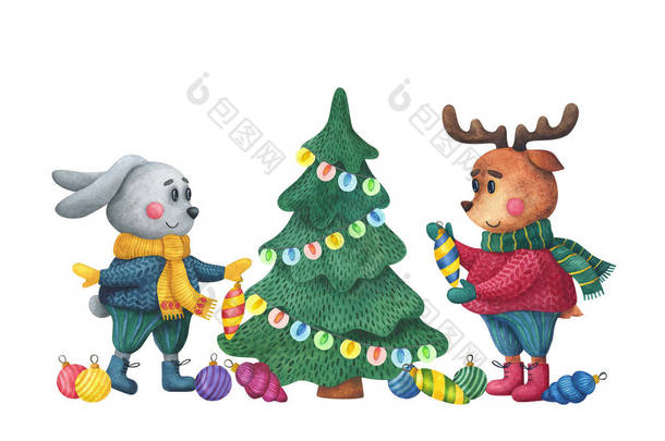 圣诞人物。 兔子和鹿装饰着圣诞树. 白色背景上的横向插图，带有文本的空格.