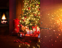 圣诞节场景与树和背景中的火