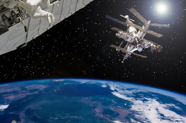 空间站和宇宙飞船在地球上上空。thi 的元素