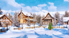 水彩画风格的冬季景观与装饰圣诞树广场上的雪界高山山村与半木结构的房子在白天。数字艺术绘画从我的3d 渲染文件.