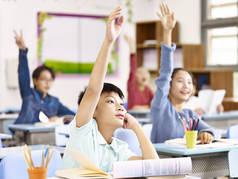 亚洲小学学生上课举手