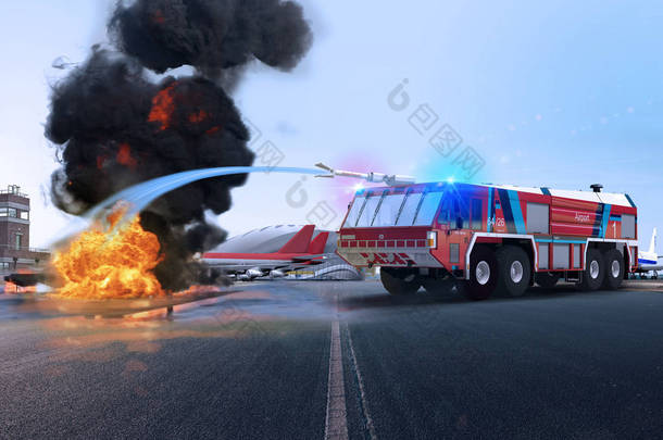 看到一辆辛巴消防车用于机场安检, 灭火、3 d 渲染、消防、车辆、rosenbauer, 