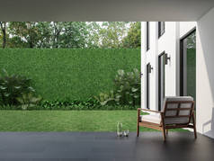 现代风格的室内露台，花园庭院3D渲染，有黑色瓷砖地板，绿色植物围栏，装饰木材和白色面料家具，被自然环绕.