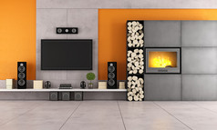 现代客厅壁炉和电视