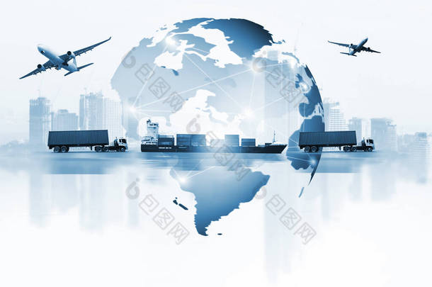 世界<strong>物流</strong>背景或运输业或航运业、集装箱运输、<strong>卡车</strong>交付、飞机、进出口概念