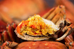 蒸煮的中国绒螃蟹或毛蟹，有很多螃蟹